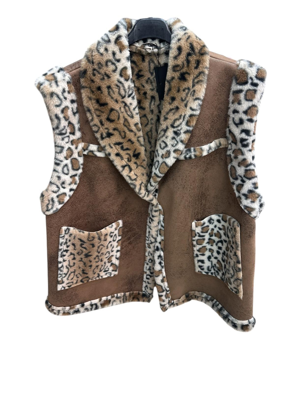 Brown vest with leopard print collar and pockets on a white background