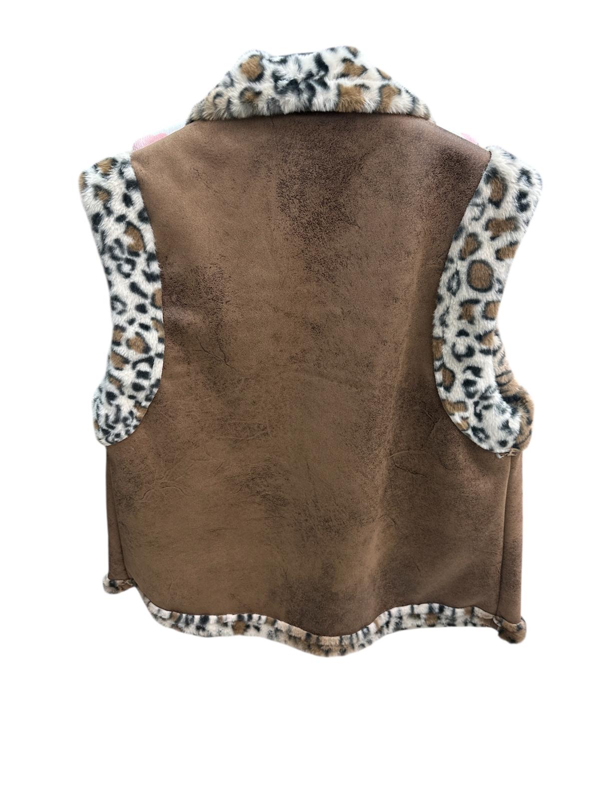 Brown vest with leopard print trim on a white background
