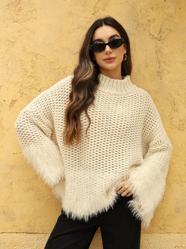 Luxury Faux Fur Trim Chunky Knit Sweater