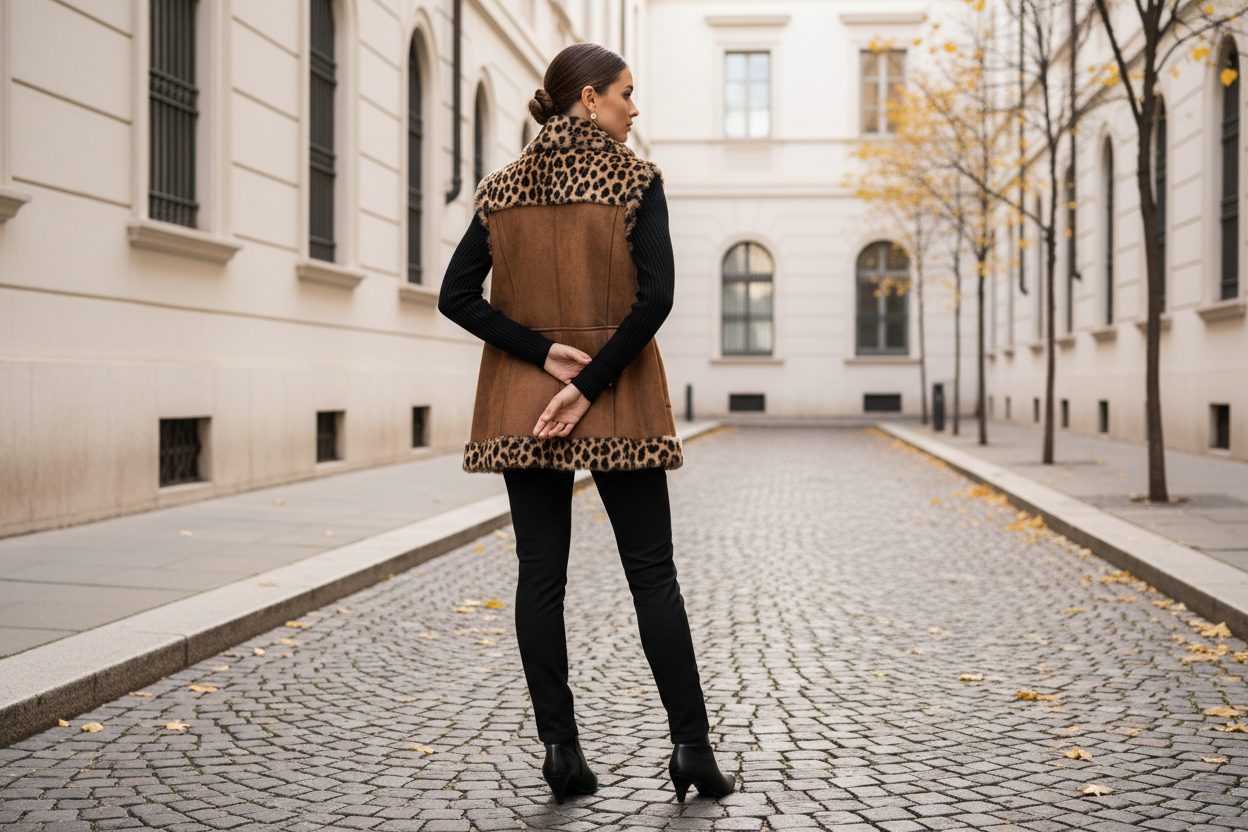 "A chic female model, appearing elegant and poised, stands with her back slightly turned, showcasing the elegant fit and back detail of a faux suede vest with prominent leopard print shearling trim. She wears a simple, high-neck black knit sweater. The setting is a minimalist urban street in Italy during autumn. Soft, natural daylight. High-fashion, clean, elegant aesthetic. Full body shot, not showing exposed skin beyond neck and hands. No provocative poses."