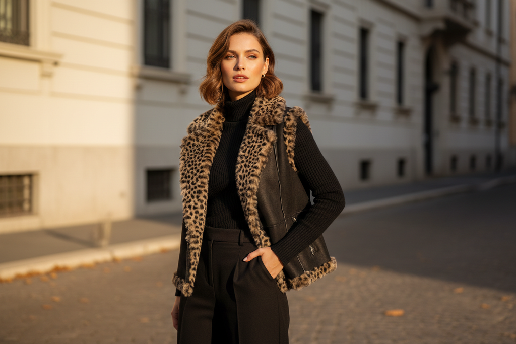 "A chic female model, appearing elegant and poised, wears a black faux suede vest with prominent leopard print shearling trim. The vest is open, revealing a simple, high-neck black knit sweater underneath. The vest is waist-length. The model is standing confidently, with one hand casually in a pant pocket or resting on her hip, slightly turned to show the side profile of the vest. She has a natural, elegant hairstyle and minimal makeup. The setting is a minimalist urban street in Italy during autumn, with 