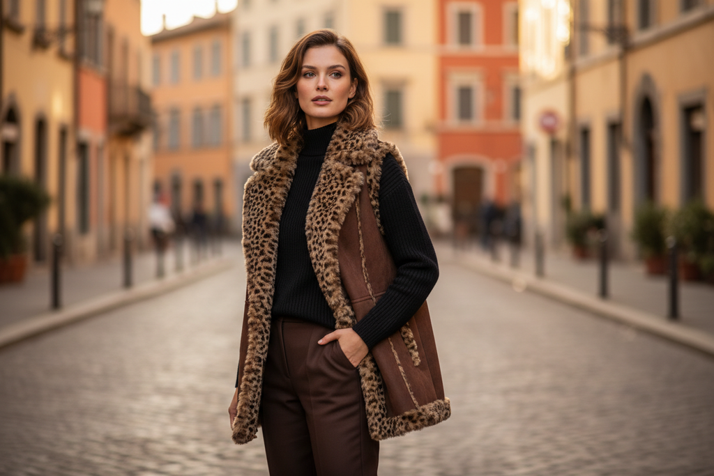 "A chic female model, appearing elegant and poised, wears a chocolate brown faux suede vest with prominent leopard print shearling trim. The vest is open, revealing a simple, high-neck black knit sweater underneath. The vest is waist-length. The model is standing confidently, with one hand casually in a pant pocket or resting on her hip, slightly turned to show the side profile of the vest. She has a natural, elegant hairstyle and minimal makeup. The setting is a minimalist urban street in Italy during autu