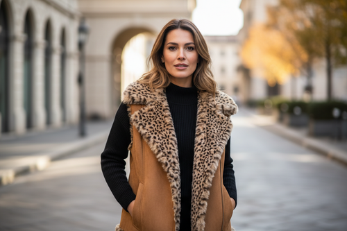 "A chic female model, appearing elegant and poised, wears a faux suede vest with prominent leopard print shearling trim. The vest is open, revealing a simple, high-neck black knit sweater underneath. The model is standing confidently, looking directly at the camera with a subtle, sophisticated expression. She has a natural, elegant hairstyle and minimal makeup. The setting is a minimalist urban street in Italy during autumn, with clean, blurred architectural backgrounds (like stone or neutral-toned building