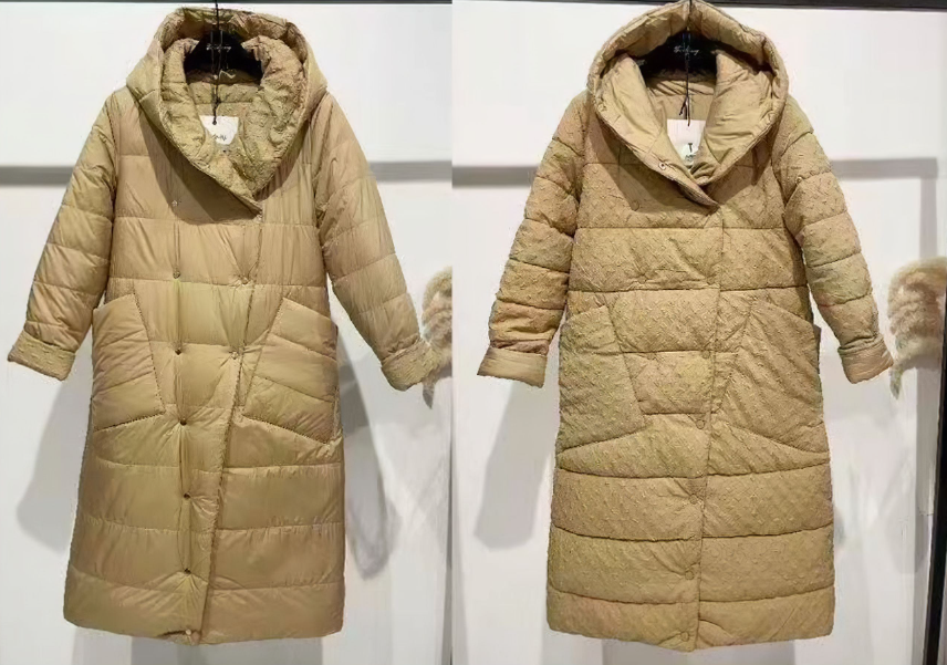 Beige puffer coat on a white background