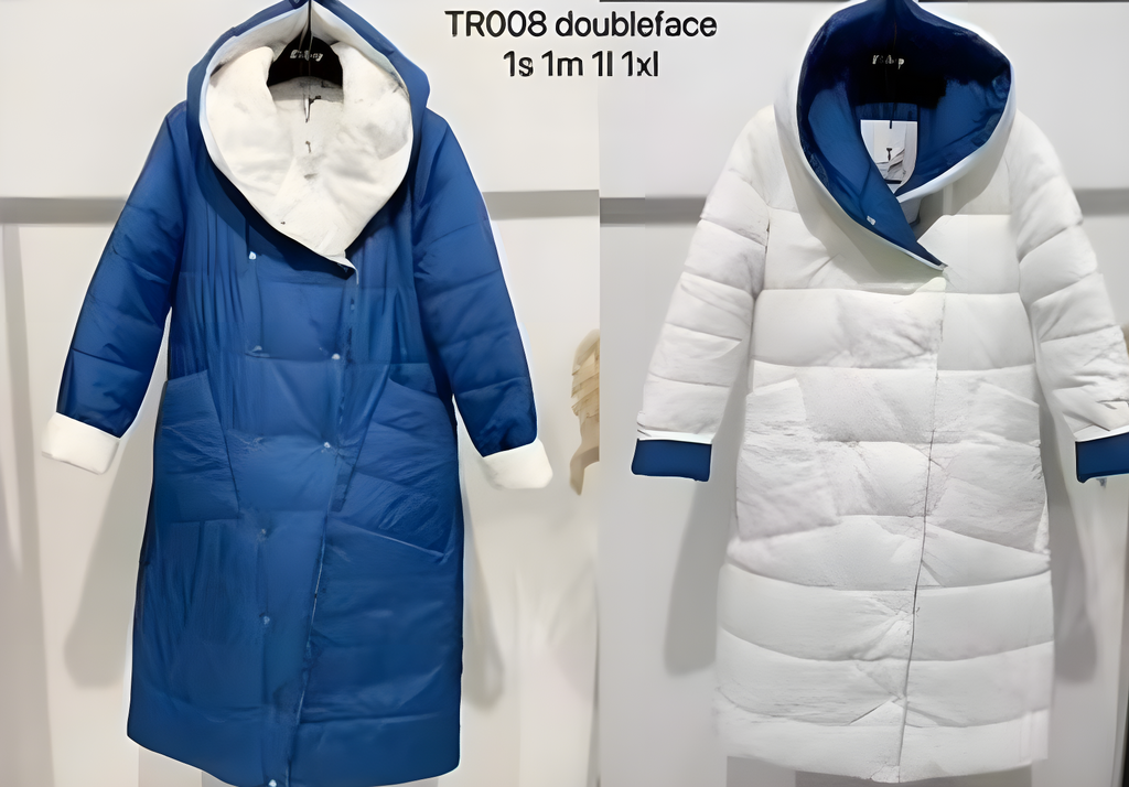 Blue and white puffer coat on a hanger with size label.