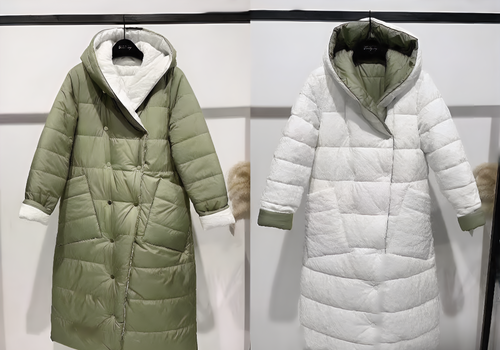 Two long puffer coat, one green and one white.